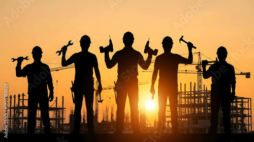 Silhouettes of construction workers holding tools and standing against the sunset on a building site