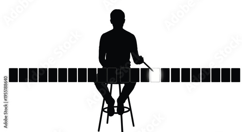 Minimalist silhouette of a man selecting a glowing digital file, professional editor choosing content from a media gallery, creative person on a stool