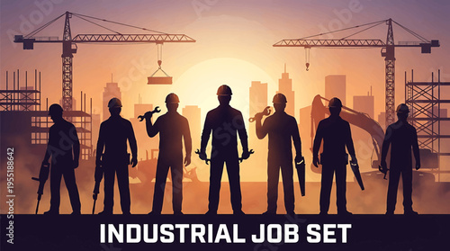 Silhouettes of industrial workers with tools against a sunset, depicting construction and urban development, symbolizing hard work and growth