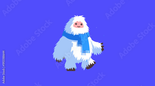 A cartoon-style yeti with white fur, a blue scarf, brown feet, and a smiling face against a blue background