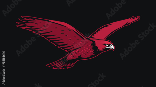 A red raptor in flight, detailed illustration against a black background, with strong outlines