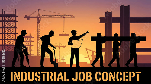 Dynamic silhouettes of construction workers and heavy machinery engaged in diverse building projects, illustrating industrial progress and teamwork against a vibrant sunset sky