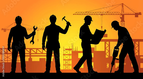 Silhouetted construction workers on a busy site during sunset, symbolizing teamwork, urban development, and skilled labor