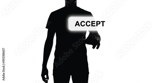 Silhouette of a person pressing a glowing 'ACCEPT' button, symbolizing agreement and digital interaction
