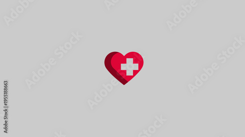 A red heart symbol with a white cross inside is centered on a grey background