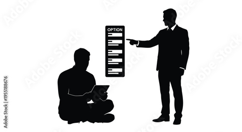 Businessmen silhouettes choosing options from a list, decision-making process vector illustration