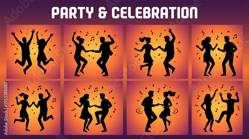 Energetic party and celebration silhouettes of people dancing joyfully under disco lights, capturing the vibrant atmosphere of a festive event