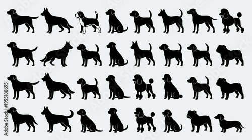 Collection of Dog Silhouettes in Various Poses and Breeds on a White Background