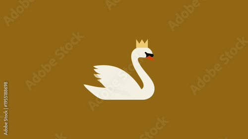 A regal white bird illustration wearing a gold crown, set against a solid brown background