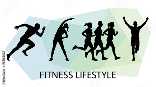 Modern vector illustration featuring human silhouettes engaged in various fitness activities, including running, stretching, and celebrating, symbolizing an active and healthy lifestyle