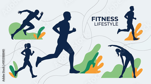 Silhouettes of active individuals engaged in various fitness activities such as running, jogging, and stretching, symbolizing a healthy and energetic lifestyle