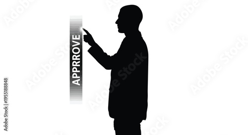 Silhouette of a businessman pressing an 'APPROVE' button, concept of decision-making and authorization