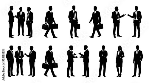 Dynamic silhouettes of diverse business professionals in various corporate interactions, walking with briefcases, and discussions, ideal for graphic design projects