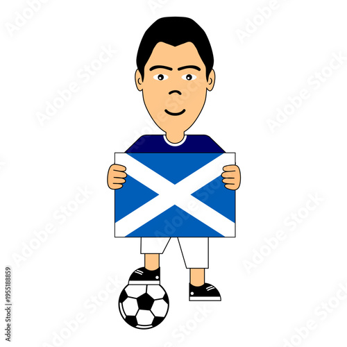 Vector illustration of a young boy holding the Scottish national flag, dressed in casual clothing and standing with a soccer ball, symbolizing Scotland, football passion, and national pride