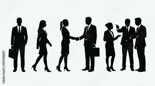 Silhouettes of business professionals engaging in various corporate interactions, including handshakes, discussions, and networking, symbolizing teamwork, partnership, and effective communication