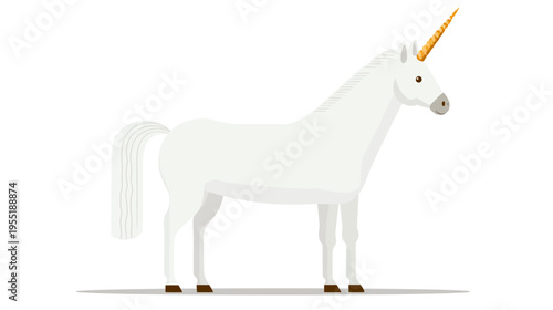 A side view of a white equine figure with a spiral horn. It has a fluffy tail and brown hooves