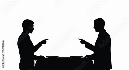 Two business people silhouettes pointing fingers at each other across a table, symbolizing conflict or blame