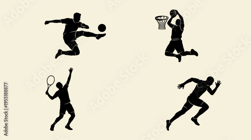 Collection of dynamic vector silhouettes representing various athletes in popular sports such as soccer, basketball, tennis, and running, capturing action and fitness