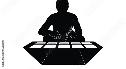 Black silhouette of a person using a digital music production controller with pads, vector illustration