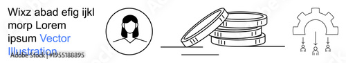 Business management, economy, workflow automation, finance, operations, technology. A user icon, stacked coins and gear connecting people. Business management and economy