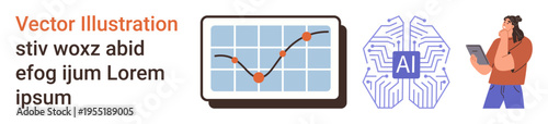 Data analytics, machine learning, AI progress, decision-making tools, business intelligence, technological advancement. Graph showing data trends, AI symbol person reviewing data. Data analytics