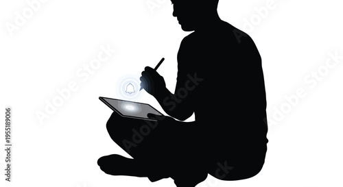 Silhouette of a person using a digital tablet and stylus pen, creating or interacting with a glowing interface