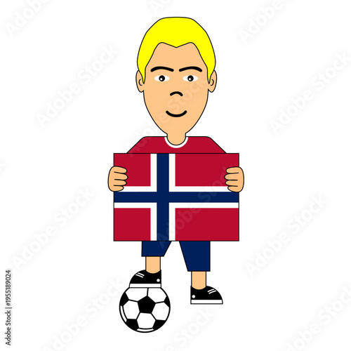 Vector illustration of a young boy holding the Norwegian national flag, dressed in casual clothing and standing with a soccer ball, symbolizing Norway, football passion, and national pride