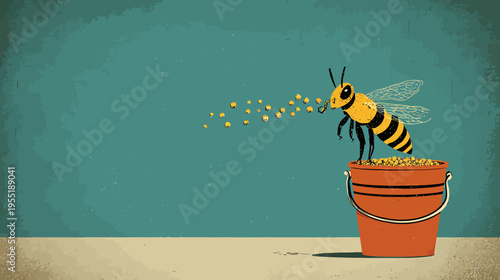 A cartoon bee stands on a bucket of honey, blowing pollen across a teal and tan backdrop