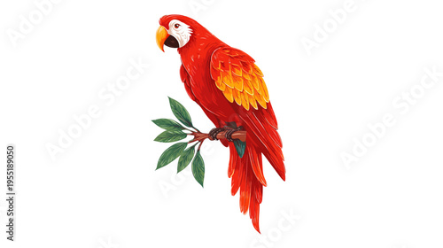 A vibrant, detailed illustration of a red macaw perched on a branch with green leaves