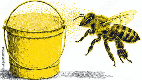 A digital illustration depicting a bee beside a filled pail of shimmering granules, set against a white background