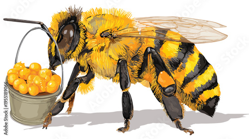 A detailed illustration of a bee carrying a small bucket filled with golden spheres