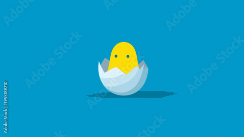 A simple illustration of a yellow chick hatching from an egg against a blue background