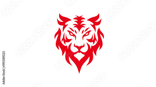 A stylized red tiger face graphic with a fierce expression on a white background