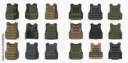 Set of bulletproof vests in various colors and designs, tactical body armor for protection.