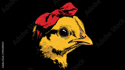 Cartoonish depiction of a chick with a red bow. Yellow chick on black background, detailed and brightly colored