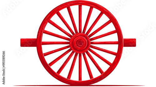A vibrant, detailed illustration of a red wagon wheel. The wheel design radiates from the center