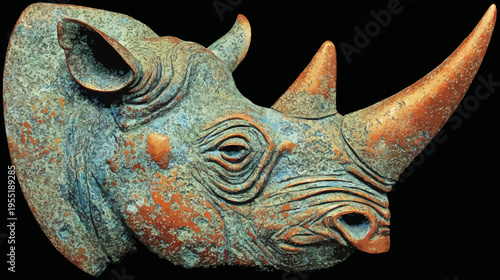 Close-up view of a rhinoceros head, showing texture, horns, and eye, set against a black background