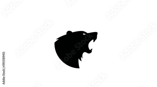 A silhouette of a bear's head with an open mouth, facing right, set against a white background