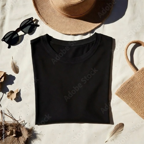 Folded Flat Lay Black T-Shirt Mock-up Boho Style
