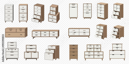 Set of modern wooden drawers and dressers with various designs and configurations for home storage solutions.