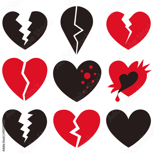 Set of broken heart icons in black and red, symbolizing heartbreak, loss, and emotional pain
