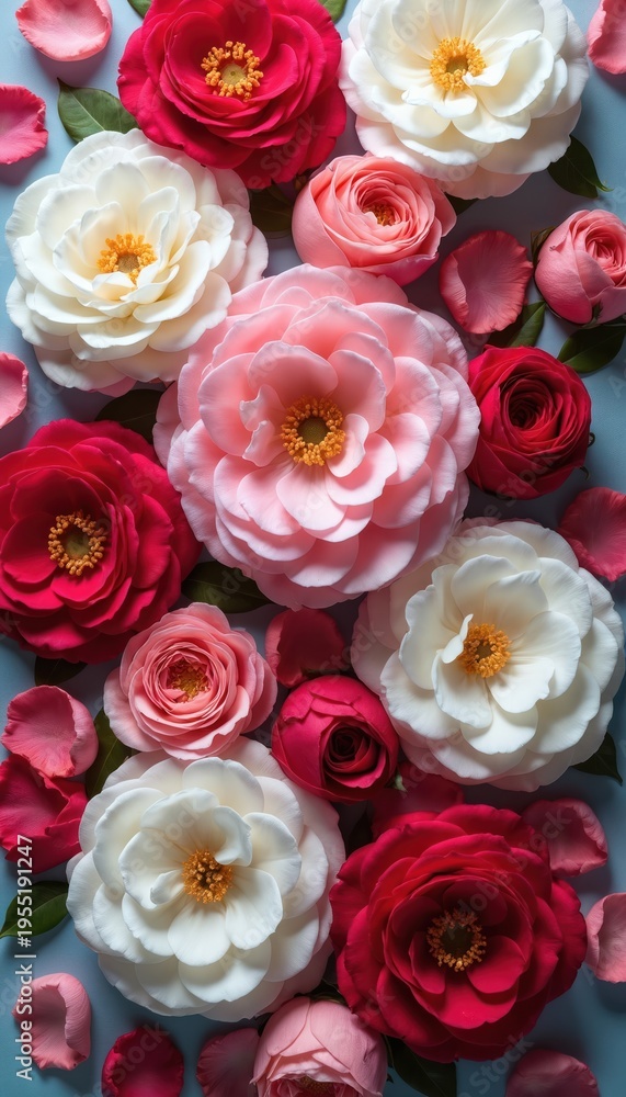 A bouquet of mixed roses in vibrant pink red and white colors with green leaves. Fresh blossoms arranged closely together creating a romantic visual.