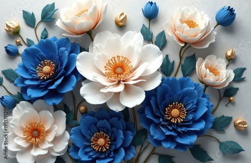 Large 3d flowers in blue white and peach with gold accents. Lush green leaves and buds form beautiful natural arrangement. Elegant botanical art for backgrounds.