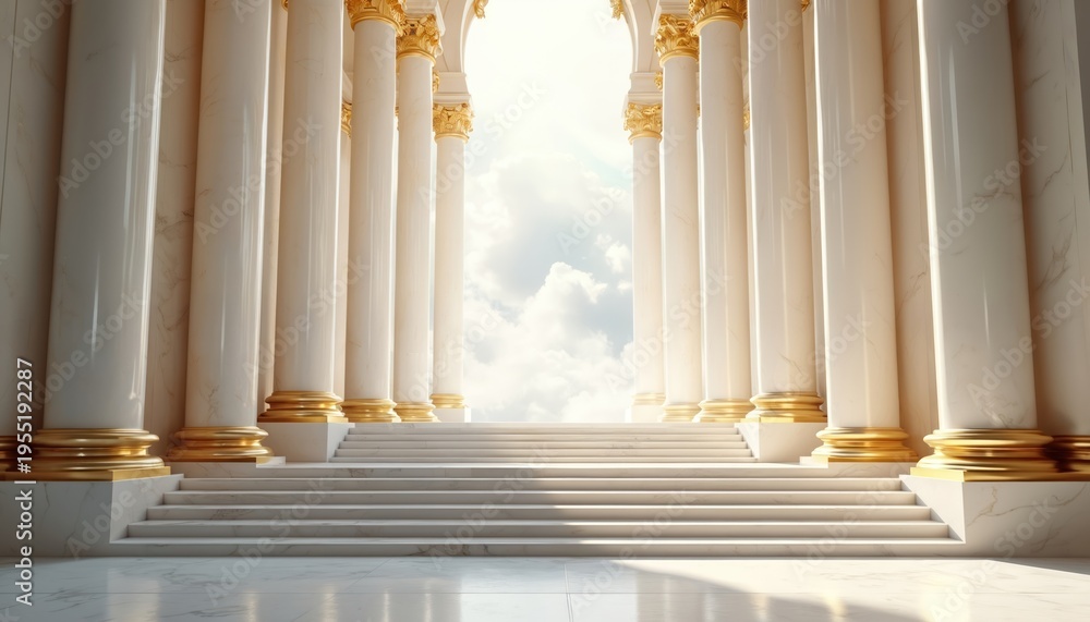 Obraz premium Grand white marble hall with golden columns leads to sky stairs. Bright sunlight shines through clouds creating divine heavenly atmosphere. Luxury palace architecture, ethereal sacred space.
