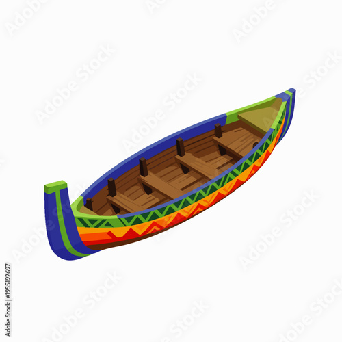 Vibrant traditional wooden boat illustration with colorful geometric patterns, an empty longboat or canoe isolated on a white background, cultural watercraft design.