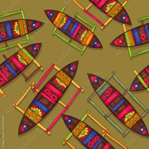 Seamless pattern of vibrant traditional outrigger boats with intricate designs, showcasing colorful cultural heritage and tropical travel motifs.