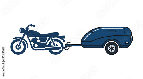 A dark blue illustration of a classic motorcycle towing a matching enclosed cargo trailer. The vehicles are depicted in a simple, flat style.