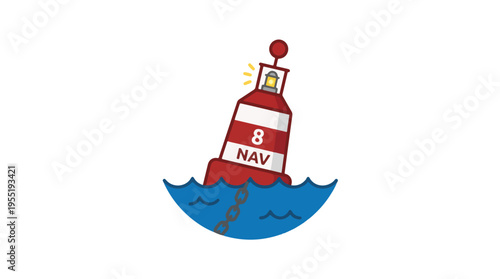 A cartoon-style red and white striped nautical buoy with a blinking light, marked '8 NAV', floating in blue water with an anchor chain.