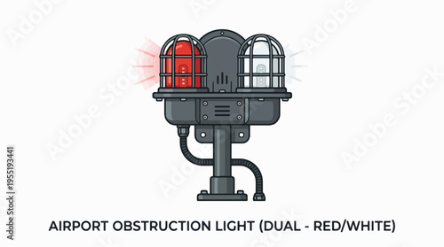 An illustration of a dual airport obstruction light, featuring a red and a white lamp, both illuminated, mounted on a dark gray industrial fixture.