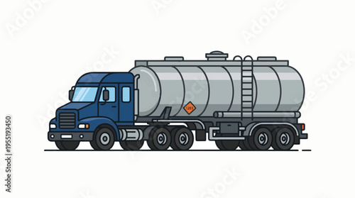 An illustration of a blue semi-truck with a large silver tanker trailer, featuring a hazmat symbol on its side, isolated on a white background.